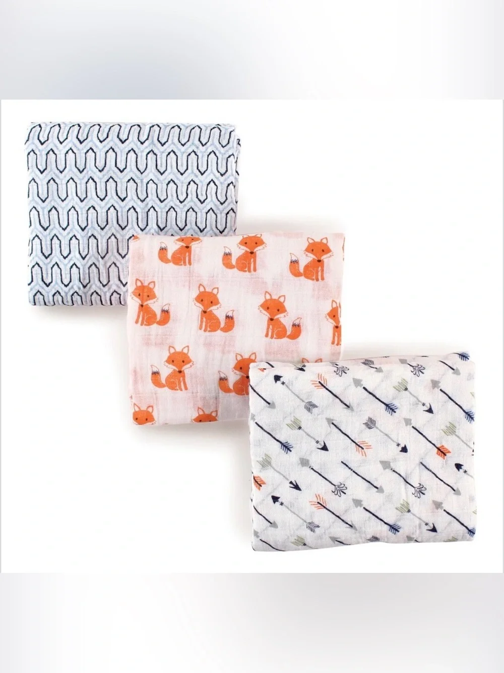 Hudson Baby Fox & Blue Pattern Cotton Muslin Swaddle Blankets - 3 pack